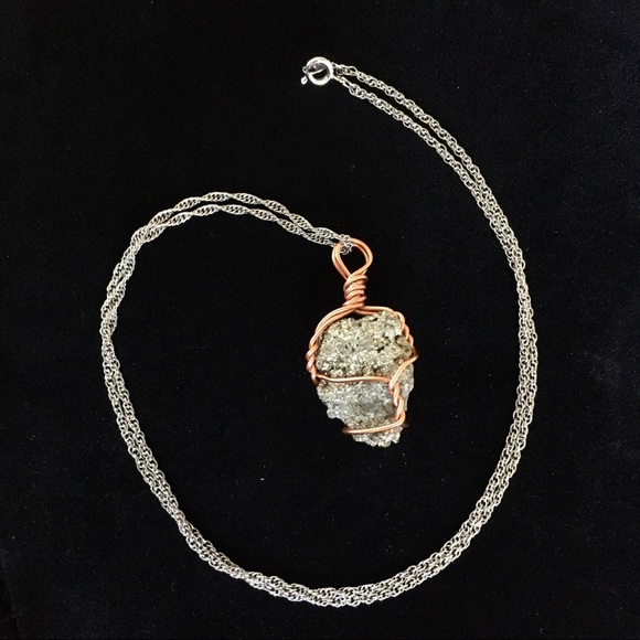 Handcrafted Fools Gold Wire Wrapped Rock Necklace - Picture 2 of 10